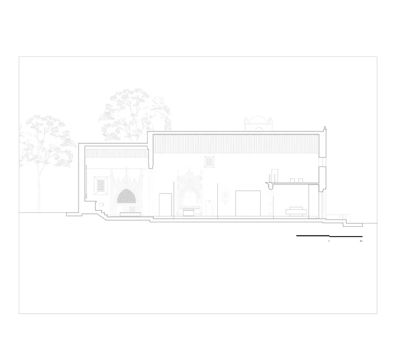 Elevation drawing depicting a cluster of volumes with corrugated roofing and surrounding vegetation