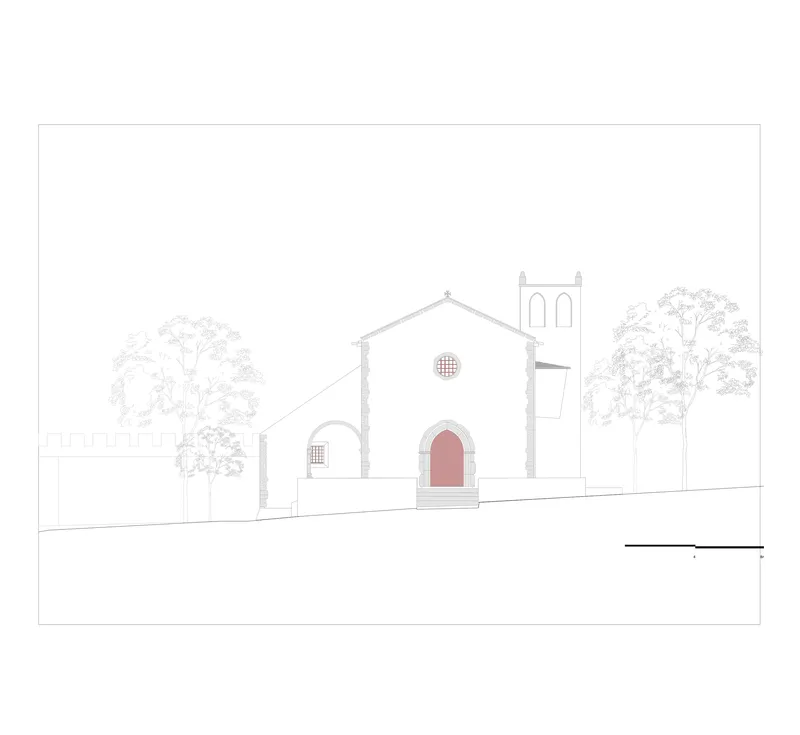 Elevation drawing of a chapel with red arched doorway, tower, and circular window amid trees