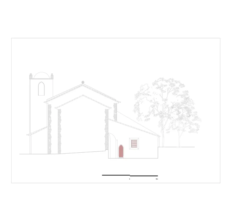 Elevation drawing showing a chapel tower and adjoining volume with red door and gridded window