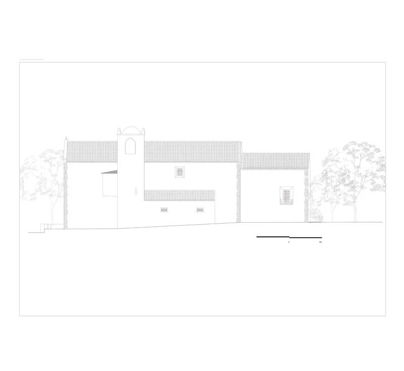 Elevation drawing showing a tiled roof residence with a central tower flanked by trees