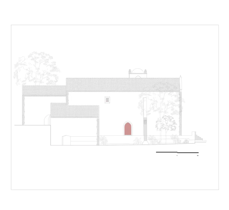 Elevation drawing of a tile-roofed compound with a red arched entrance and courtyard trees