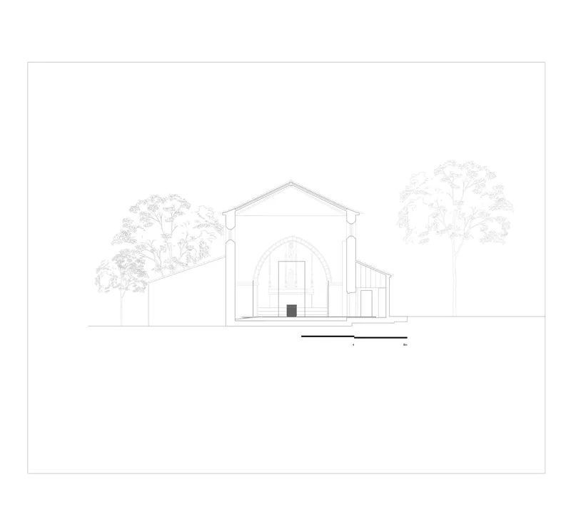 Elevation drawing depicting a gabled structure with an arched entry portal between tall trees
