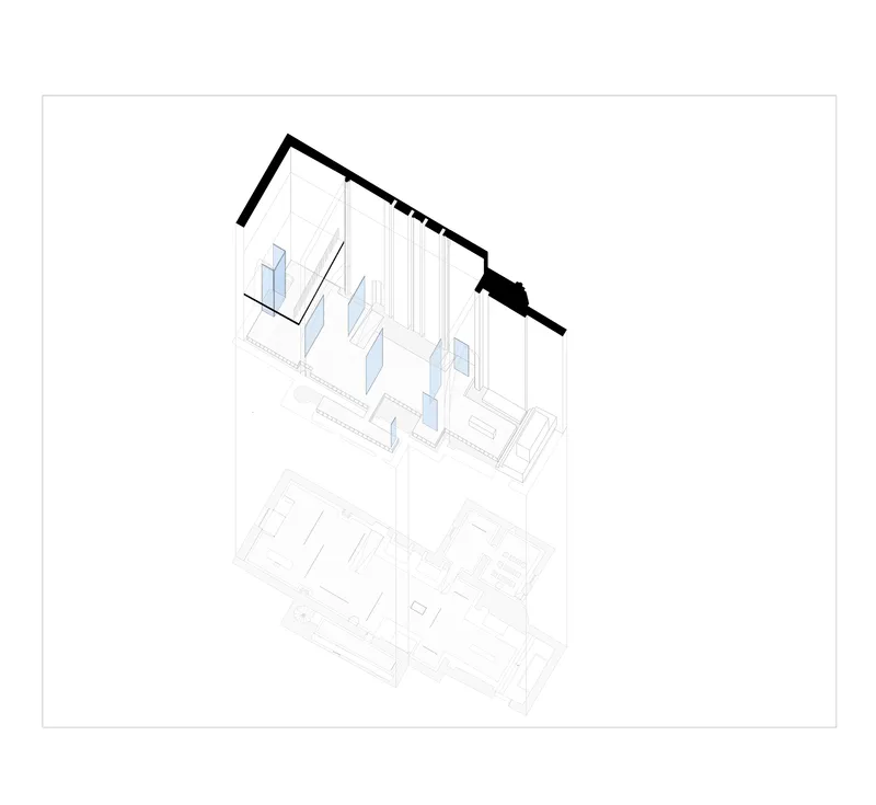 Axonometric drawing showing interior volumes with blue-tinted glass partitions beneath a sloped roof