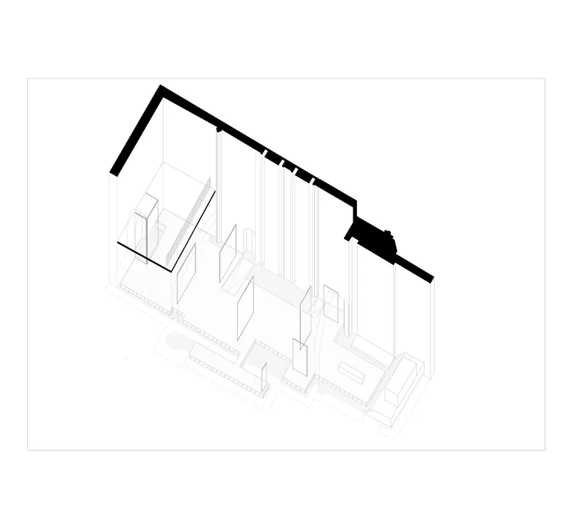 Axonometric drawing revealing interior room divisions and vertical circulation beneath the angled roofline