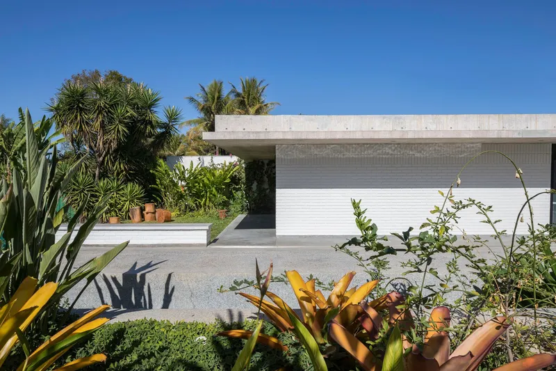 Street view of the concrete cantilevered volume with white block walls framed by palms and tropical plantings