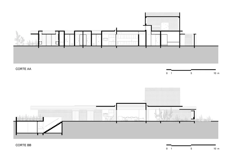 Section drawings showing interior room heights, sloped terrain and vertical tower element with vegetation silhouettes