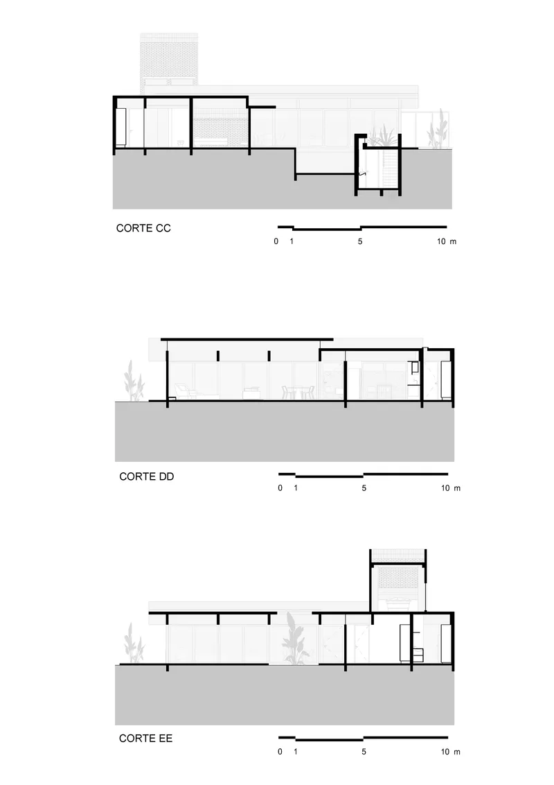 Section drawings depicting split-level interior volumes, grade changes and relationship to surrounding landscape