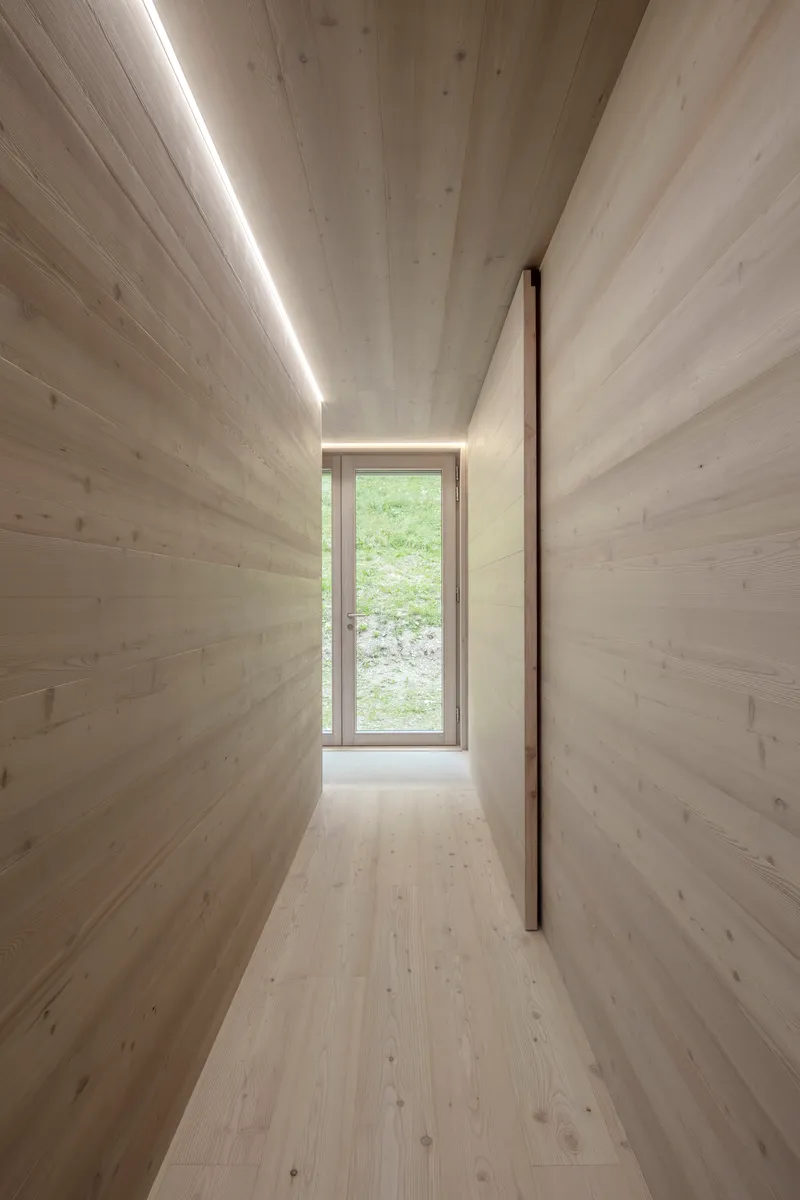 Narrow corridor with horizontal timber cladding and linear ceiling light leading to a glazed door