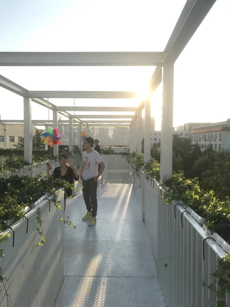 Rooftop pathway beneath white steel pergola with two figures walking at sunset