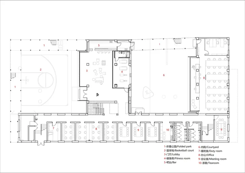 Floor plan drawing showing rooftop amenities including basketball court, fitness room, and meeting spaces