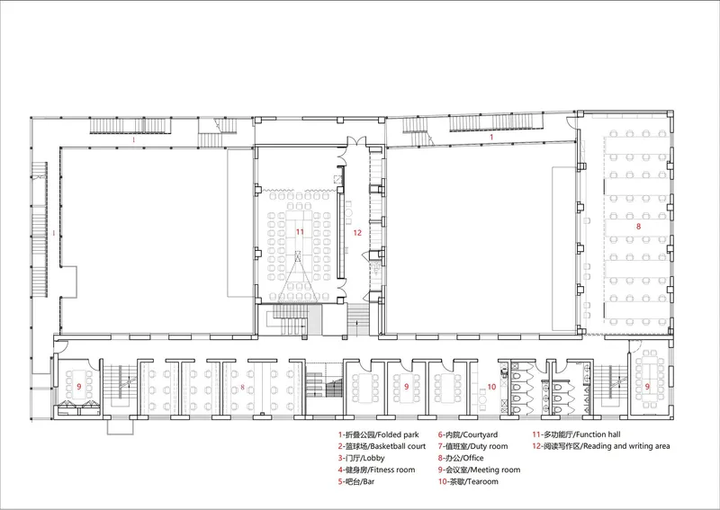 Floor plan drawing showing a rectangular building organized around a central courtyard with multiple programmed rooms