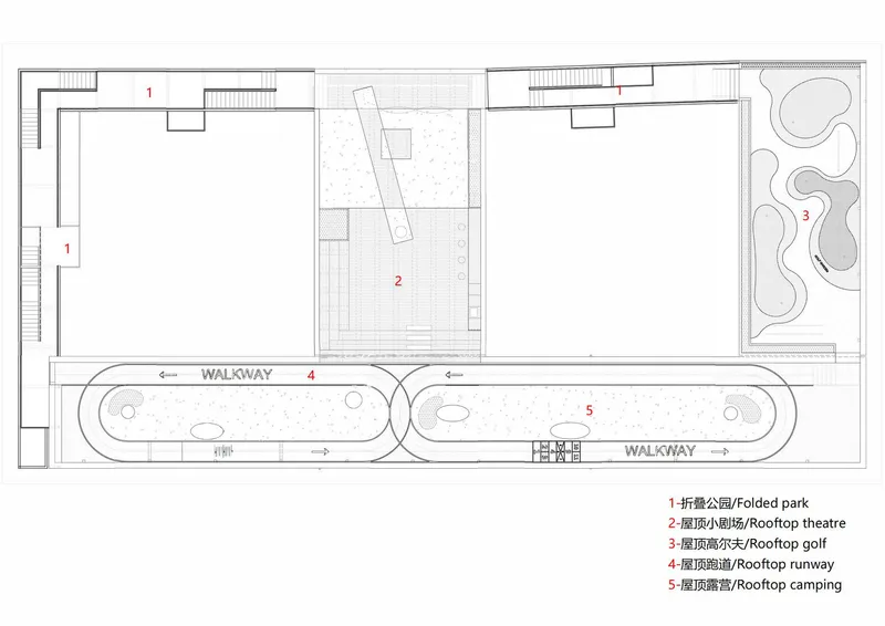 Roof plan drawing showing curved walkways with organic planted areas and a rooftop theater space