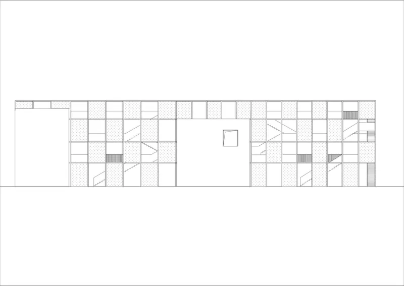 Elevation drawing depicting a gridded facade with alternating solid and patterned panels and recessed window openings