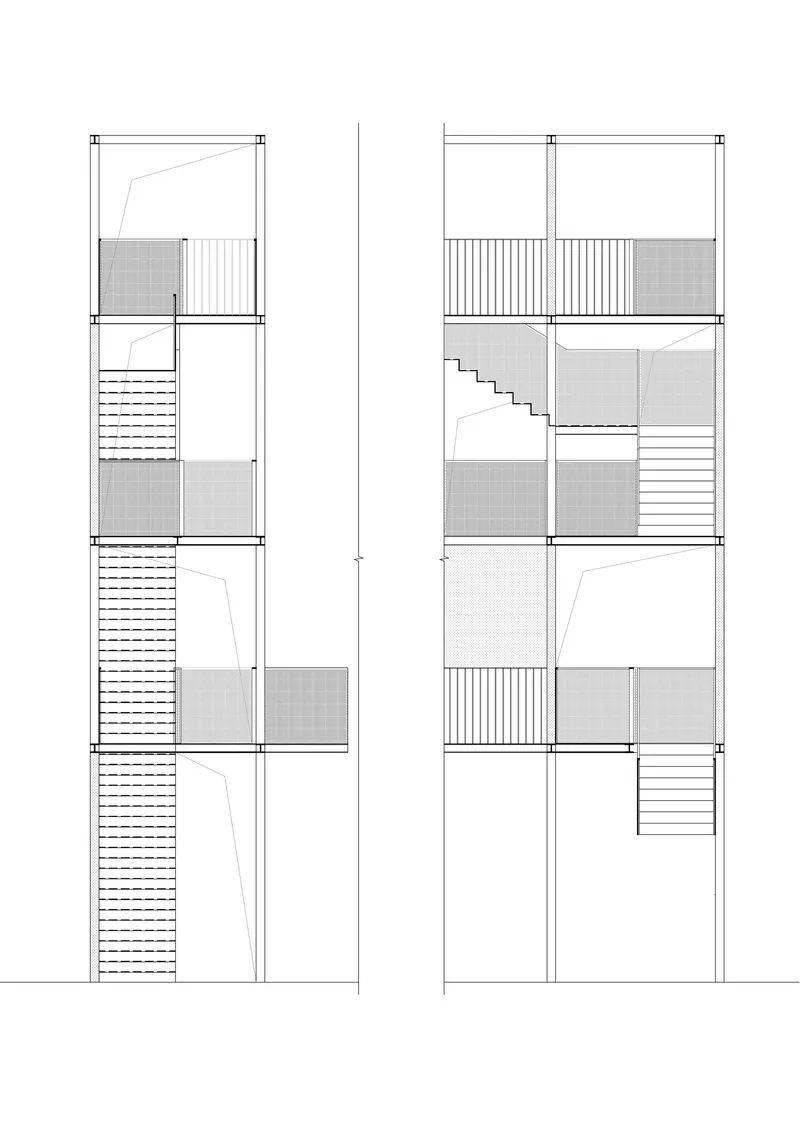 Section drawing showing two vertical circulation towers with staircases connecting multiple floor levels and outdoor terraces