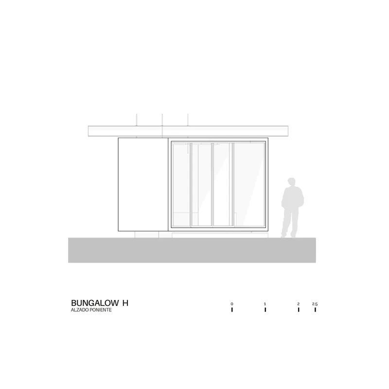 Elevation drawing showing flat roof overhang with sliding glazed doors and adjacent solid panel