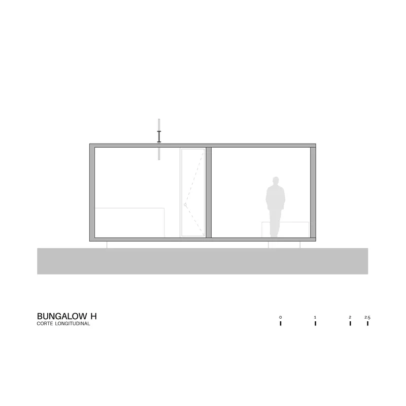 Section drawing showing interior spatial division with sleeping area and figure in main volume