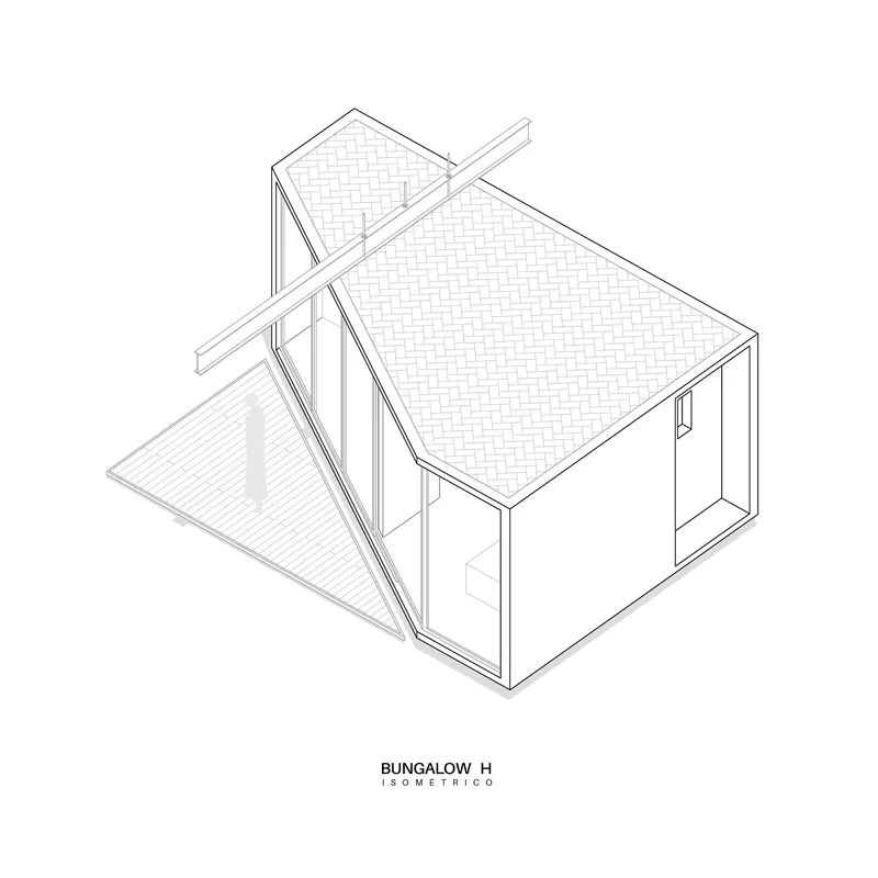 Isometric drawing showing the reverse view with herringbone roof pattern and glass wall openings