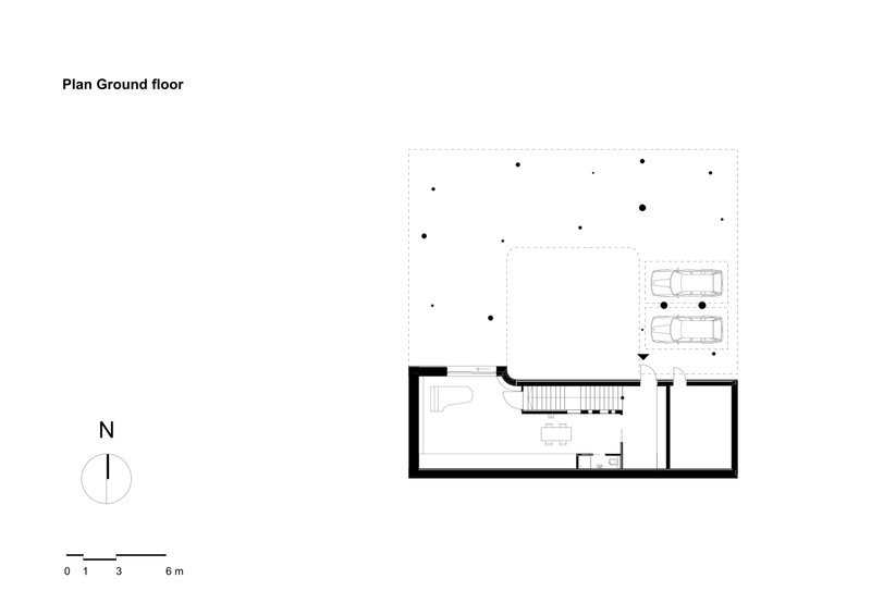 Ground floor plan drawing showing carport and stair with orientation marker