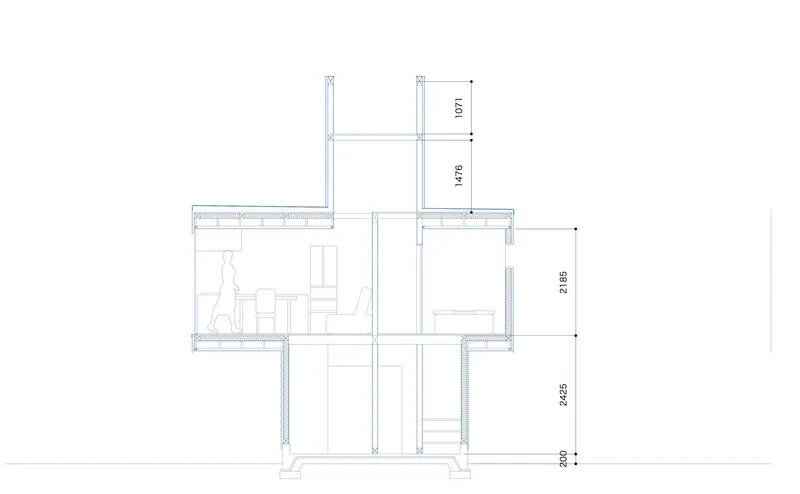 Section drawing showing staggered floor levels with interior volumes and a standing figure for scale