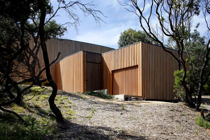 Angular volumes clad in vertical timber battens nestled among native trees on sloping terrain