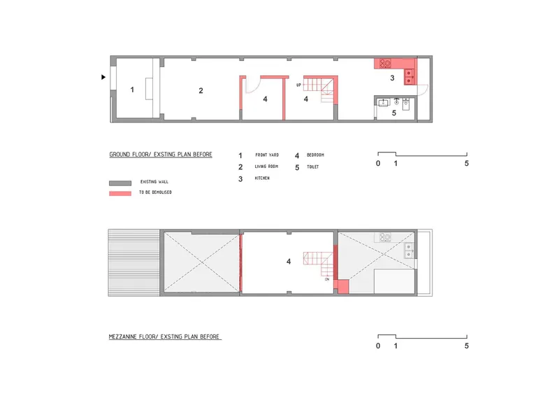 Floor plan drawing showing existing ground and mezzanine layouts with areas marked for demolition