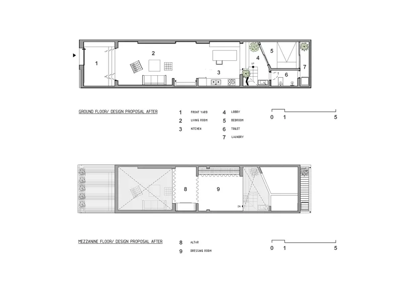 Floor plan drawing showing proposed ground and mezzanine layouts after renovation with labeled rooms