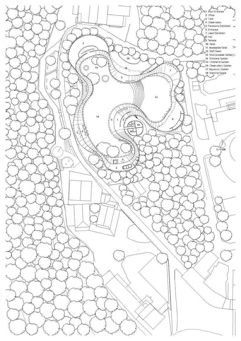 Site plan drawing showing organic pathways and lobed structures with contour lines and tree coverage