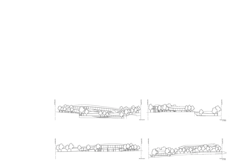 Four elevation drawings showing low horizontal volumes set into sloping terrain with scattered trees