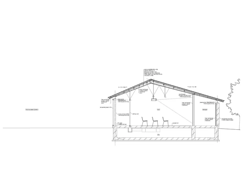 Section drawing showing gabled roof structure with exposed timber trusses and interior seating area