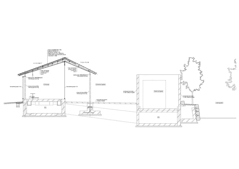 Longitudinal section drawing illustrating multiple gabled volumes and terraced outdoor spaces with trees