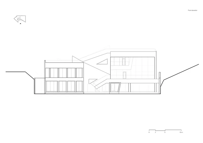 Front elevation drawing showing a multi-story facade with glazed panels and triangular bridging element