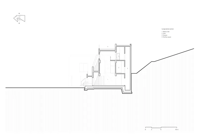 Section drawing showing split-level interior spaces stepping upward against the rising hillside