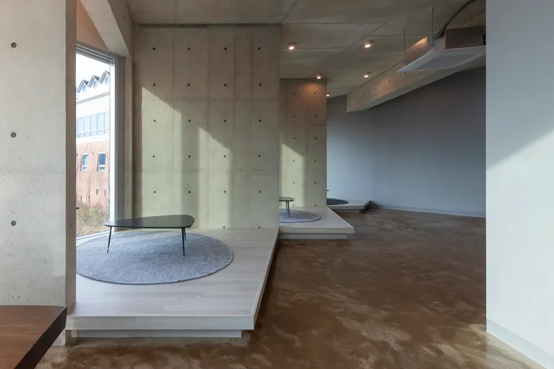 Polished concrete floors meeting raised timber platforms beneath board-formed concrete walls