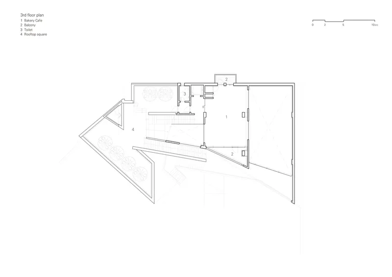 Third floor plan drawing with rooftop terrace and diagonal volumes connecting interior zones