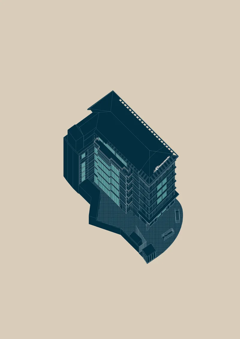 Isometric drawing showing a multi-story volume with glazed facades, pitched roof and integrated site plan