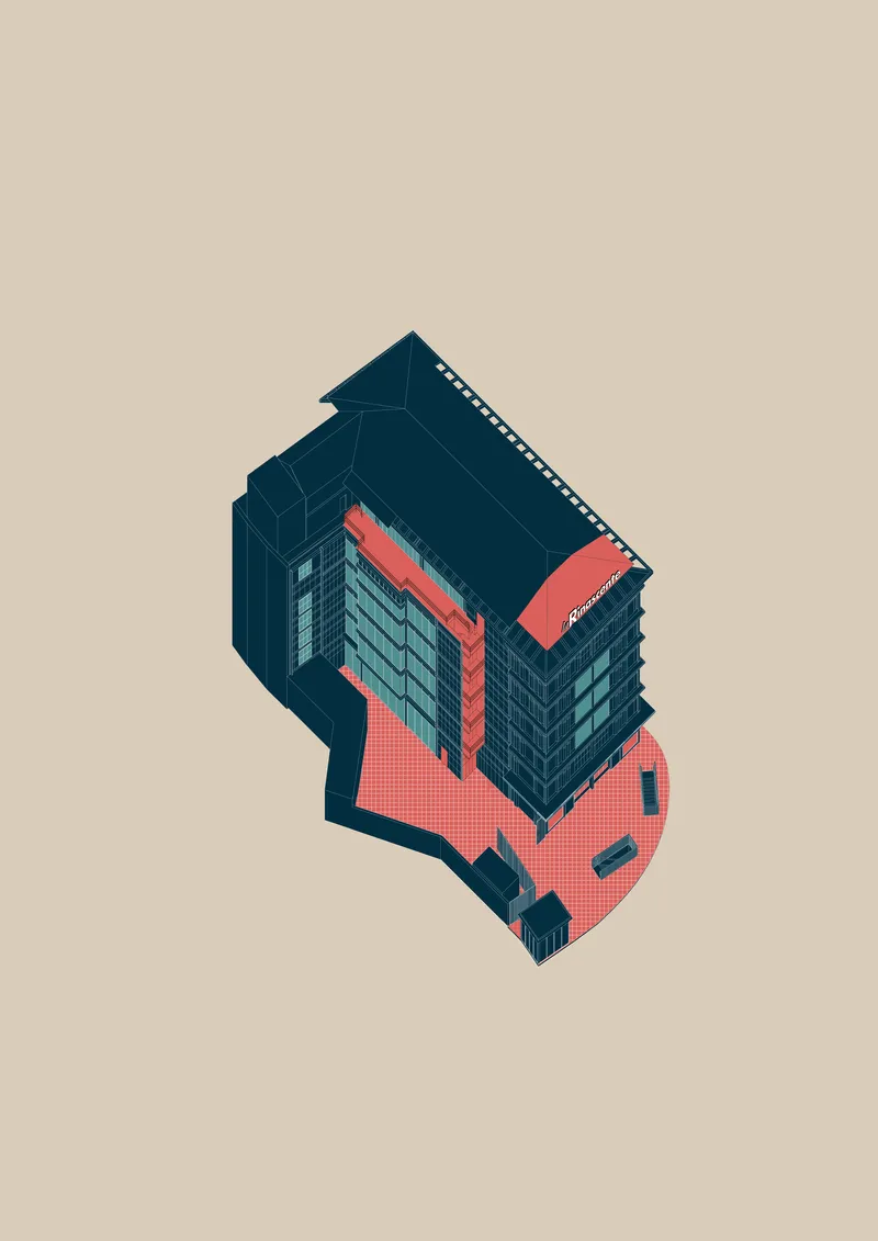 Isometric drawing showing a multi-story building with coral-colored plaza and paired outbuildings