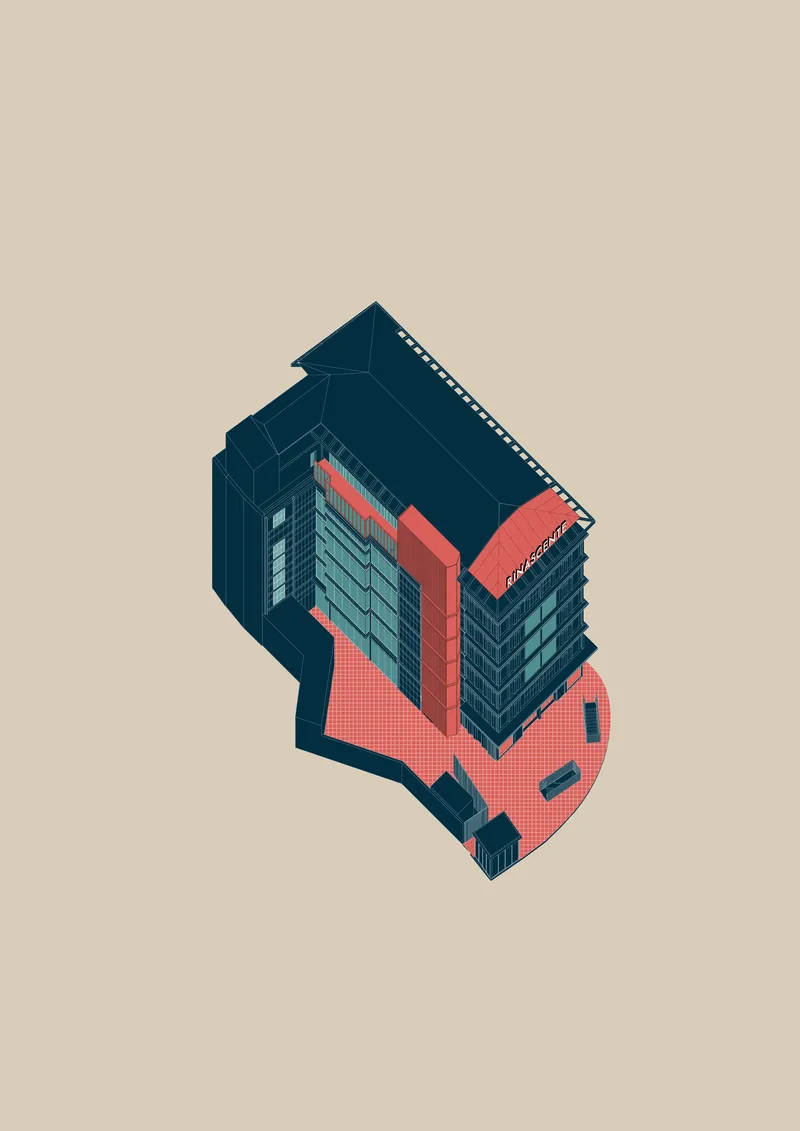 Isometric drawing of the building with coral-colored circulation bridges connecting the main tower