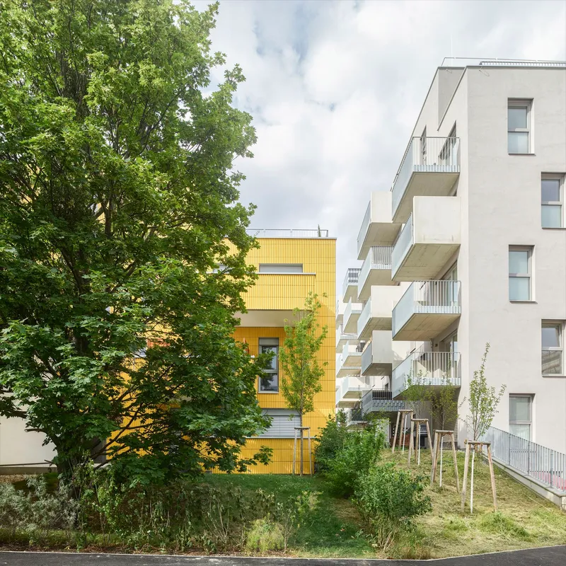 Courtyard view showing yellow facade behind mature tree and white balcony stack under cloudy sky