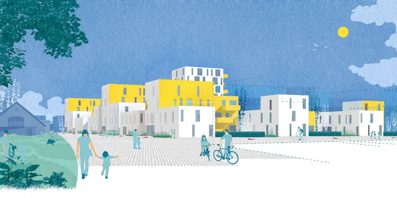 Illustration of housing blocks with yellow and white facades viewed across a pedestrian plaza with cyclists