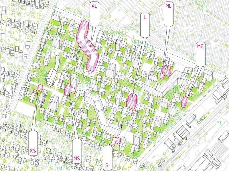 Site plan drawing showing residential blocks with green landscaping and building footprints marked in pink