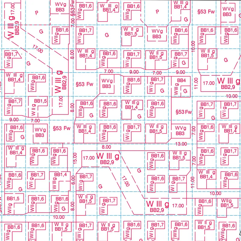 Technical site plan showing building footprints with dimensional annotations and zoning codes in red