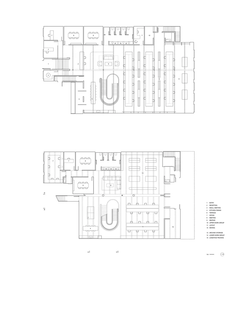 Floor plan drawings showing two levels with circulation zones and workstations arranged in rows