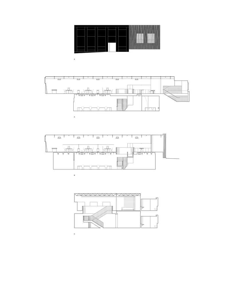 Elevation and floor plan drawings showing a long linear volume with central staircase and workstation clusters