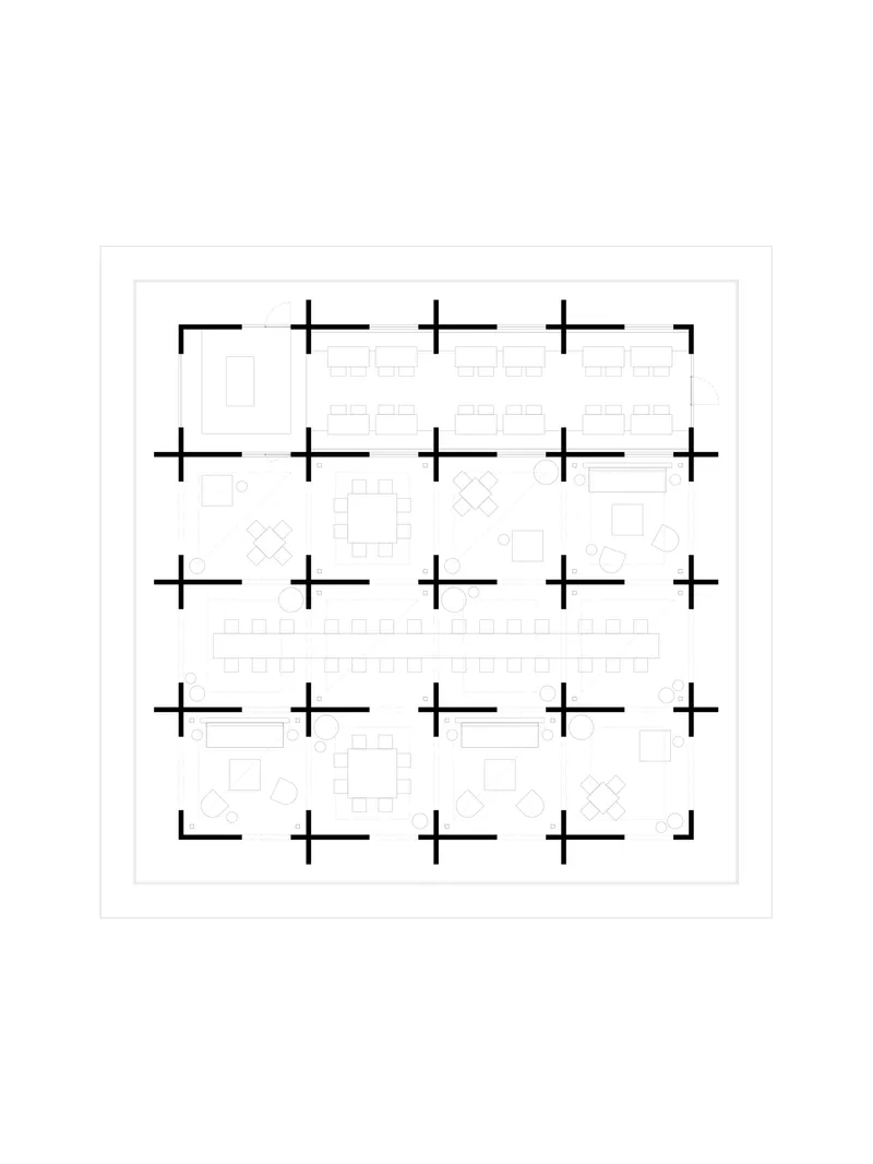 Floor plan drawing showing a grid of columns with central communal spaces and perimeter units