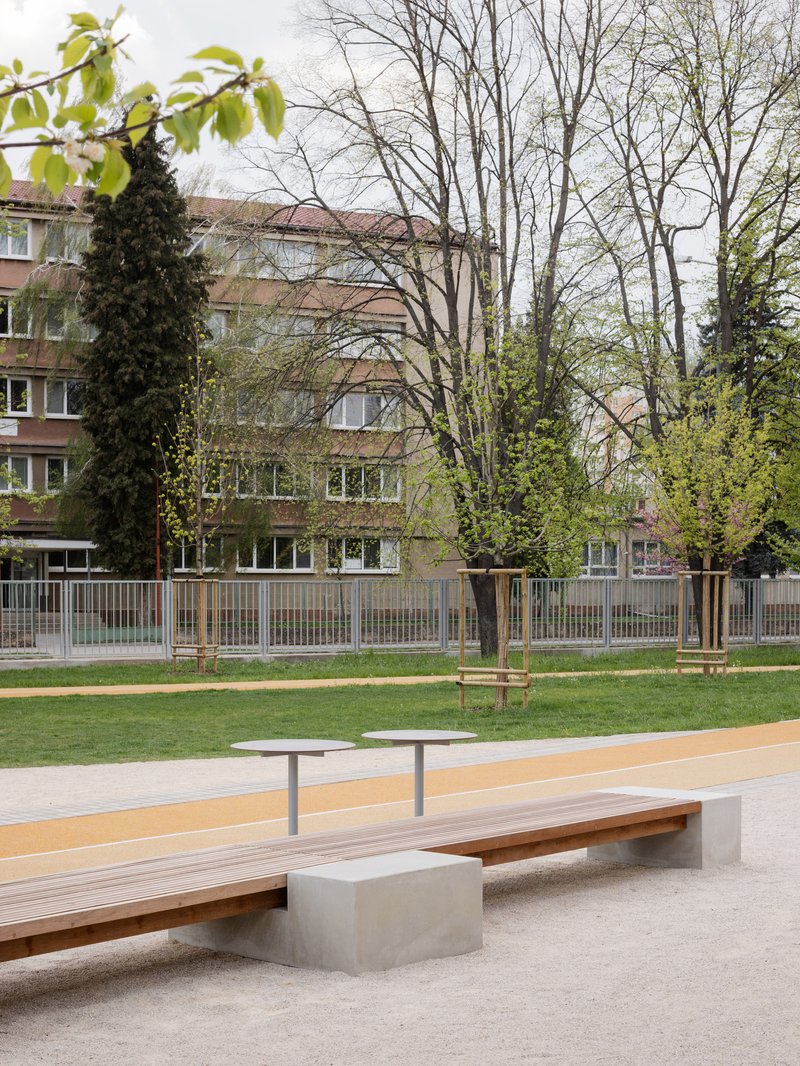 Concrete and timber bench beside a schoolyard with bare trees and a spring green canopy