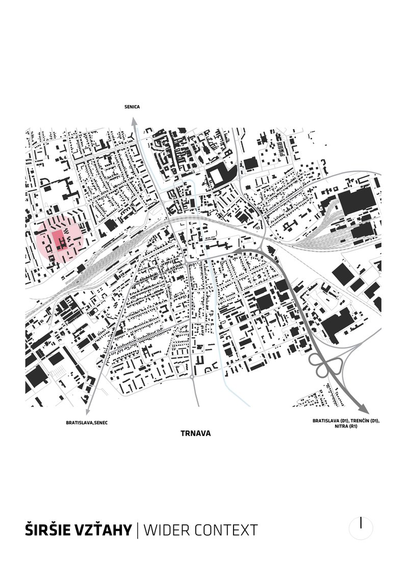 Site plan drawing showing building footprints in black and white with one volume highlighted in pink
