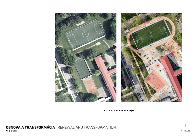 Aerial comparison of sports complex showing original layout and renovated site with running track and landscaping
