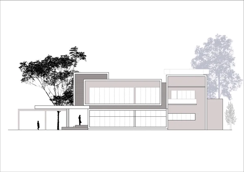 Elevation drawing illustrating stacked volumes with vertical slat screens and figures in glazed ground floor
