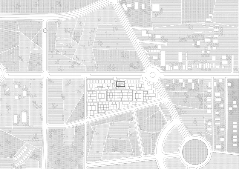 Site plan drawing showing a triangular block with residential clusters and street networks