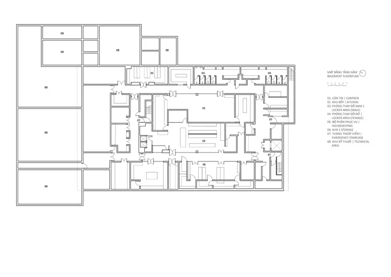 Basement floor plan drawing showing rooms radiating from a central circulation spine